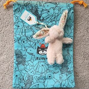 Jellycat Blosom Blush Bunny Bag Charm with Blue Drawstring Bag